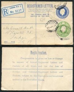 RF33 KGV 3 1/2d and 1/2d Compound Registered Envelope size F used