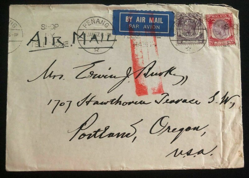 1937 Penang Malaya Airmail cover to Portland OR USA Shop By Telephone Cancel