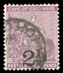 Cape of Good Hope #55a Cat$37.50, 1891 2 1/2p on 3p, P with straight serif,...