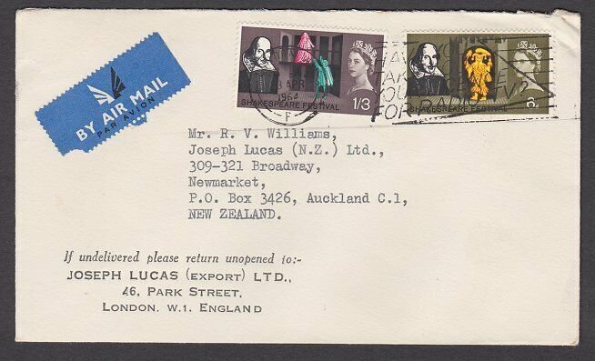 GB 1964 Airmail cover to New Zealand - nice use Shakespeare commems.........N586