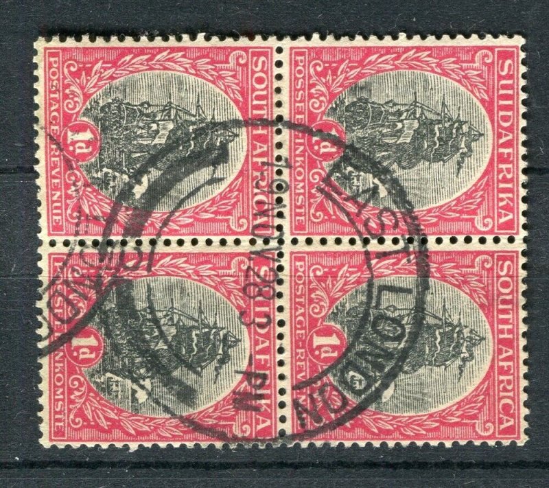 SOUTH AFRICA; 1920s-30s Dromedarius issue 1d. fine used POSTMARK BLOCK of 4