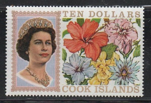 Cook Islands Sc 220 1968 $10 QE II & flowers stamp mint NH