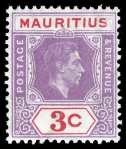 Mauritius 1938 KGVI 3c reddish lilac & red SLICED S AT RIGHT var VFM. SG 253ca