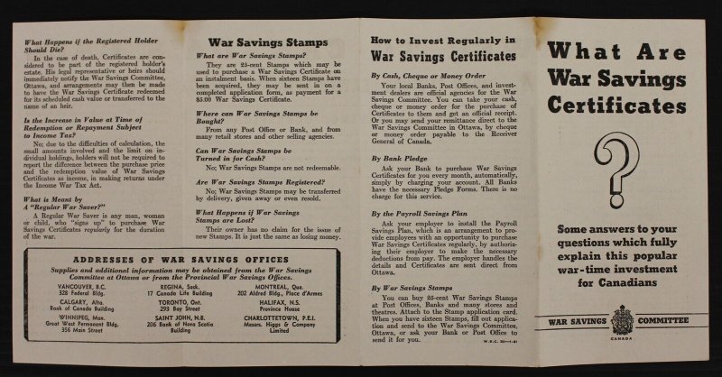 Canada Revenue WWII War Savings Certificate Brochure