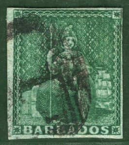 BARBADOS QV Stamp SG.2 (½d) Deep Green (1852) BRITANNIA Used Cat £325 GBLUE30