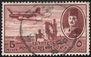 EGYPT  1947 Sc C41 Used 5m Airmail, King Farouk & Airplane