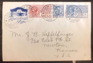 1929 Rome Italy Early Airmail Hotel De La Ville cover to Newton KS USA