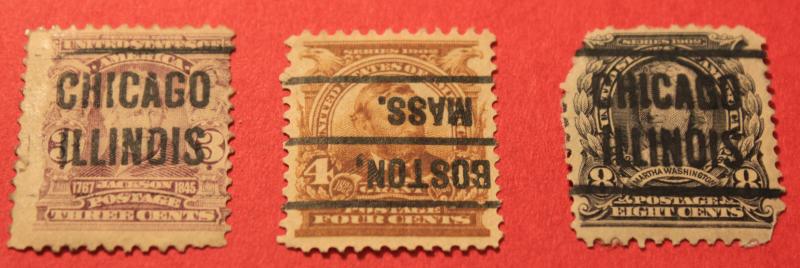 USA 3 DIFFERENT USED 1902-03 ISSUE PRE-CANCEL STAMPS # 302, 303, 306