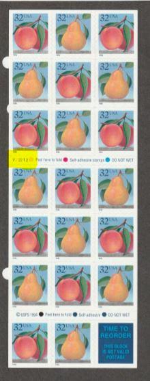 U.S. Scott #2494a Pear & Peach Booklet Pane- Plate #V22212 - Highlighted in Scan