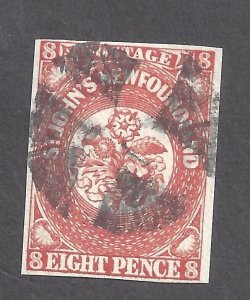 CANADA NEWFOUNDLAND # 8 VF USED 8 PENCE SCARLET VERMILION HERALDIC FLRS  BS27835