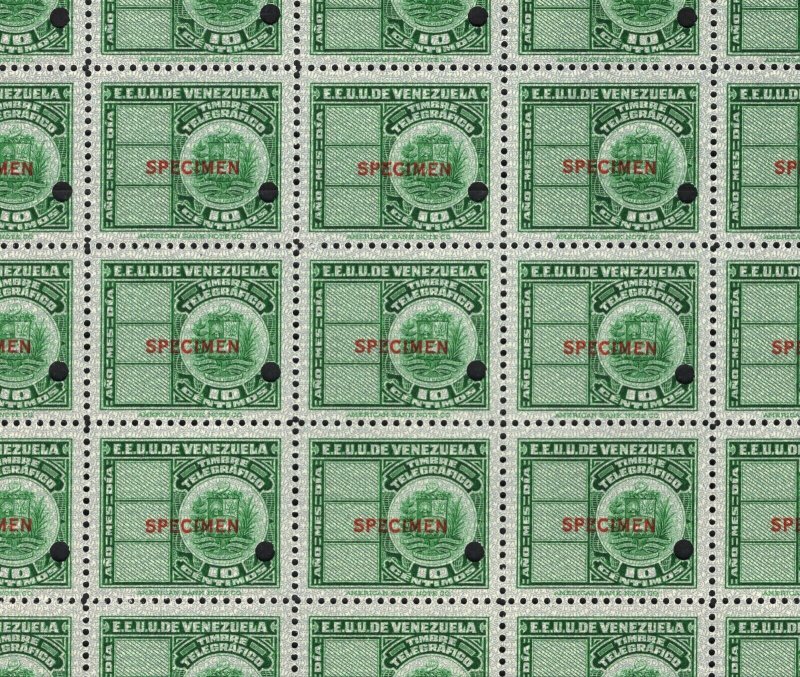 VENEZUELA TELEGRAPH Stamps 10c ABNCo. *SPECIMEN* BLOCK {25} Mint UMM MNH MF160