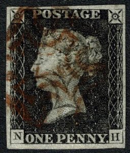 GB 1d black, NH Plate 1b. Cancelled by RED and BLACK Maltese cross cancella...