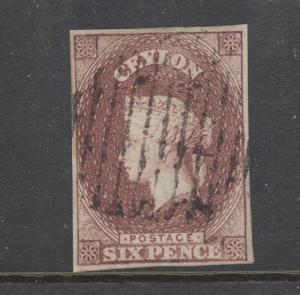 Ceylon SG 6, Sc 6A used. 1859 6p purple brown QV, 4 margins, sound, VF.