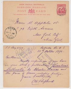 BC BARBADOS 1898 PS CARD H&G 9 ENTIRE USED BY Cds B TO NEW YORK VF & SCARCE 