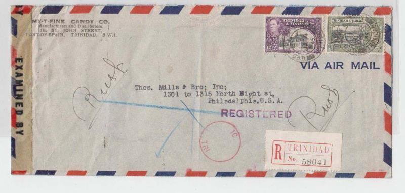 TRINIDAD TP US 1945 CENSOR COVER+ IC TRI H/S TY 9b REG 36c SCARCE (SEE BELOW)