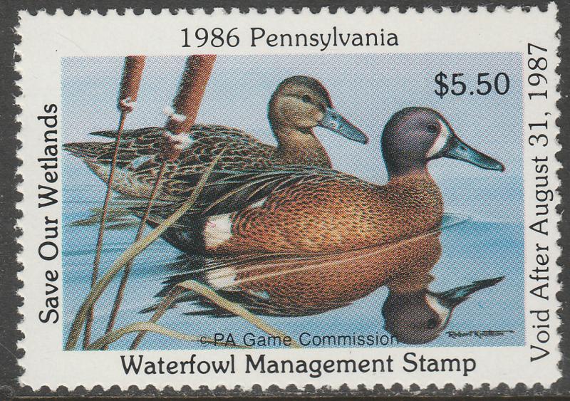 U.S.-PENNSYLVANIA 4, STATE DUCK HUNTING PERMIT STAMP. MINT, NH. VF