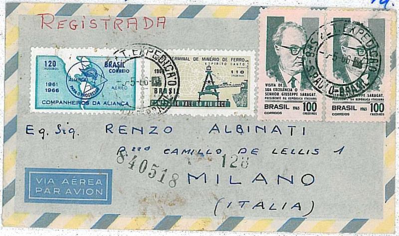 MAPS - POSTAL HISTORY : BRAZIL - REGISTERED AIRMAIL COVER to ITALY 1966