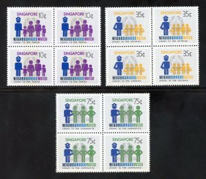 Singapore 420-22 MNH, Neighborhood Watch Set Blocks of 4 from 1983.