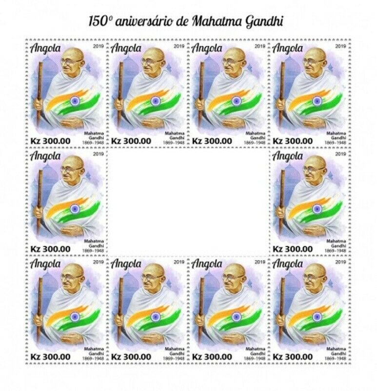Angola - 2019 Mahatma Gandhi Anniversary - 10 Stamp Sheet - ANG190205c