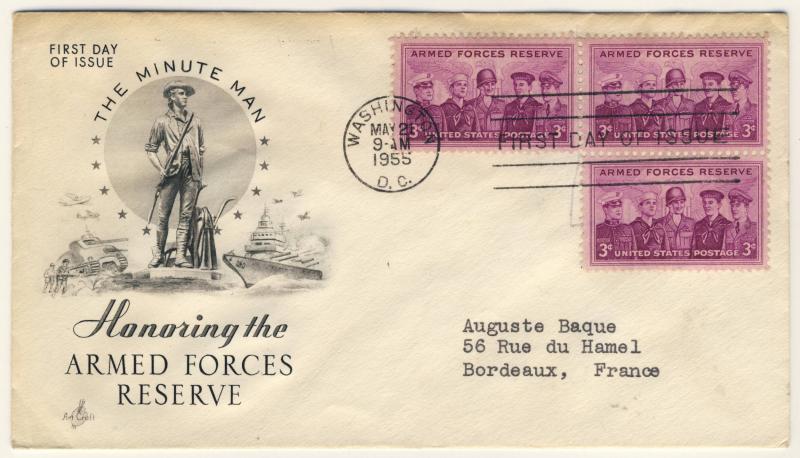 US - 1955 - Scott 1067 FDC - Armed Forces Reserve - block of 3