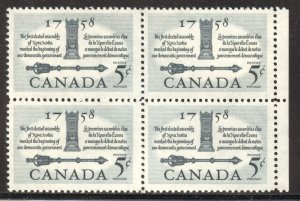 Canada Scott 382 Unused NHDG Blk of 4 - 1958 House of Representatives -SCV $1.40