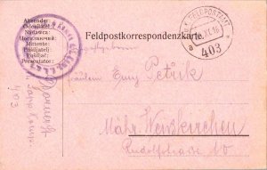 Austria Soldier's Free Mail 1916 K.u.K. Feldpostamt 403 a to Weisskirchen.  A...