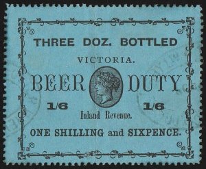 VICTORIA Beer Duty 1895 QV 1/6 black on blue 3 Doz Bottled, wmk V crown sideways