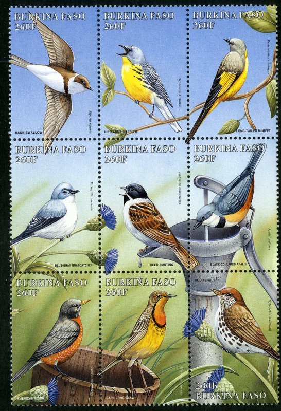 BURKINA FASO 1105a-f BLOCK9 SCV $13.50 BIN $6.75 BIRDS