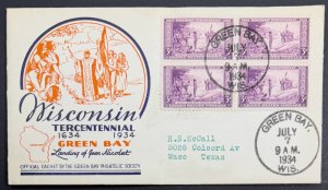 USA, 1934, SC# 739, Block of 4, FDC, Nicolet's Landing, Used, VF