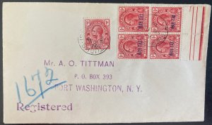 1919 Turks & Caicos Island Cover To Port Washington USA Tax War Stamp Overprints 