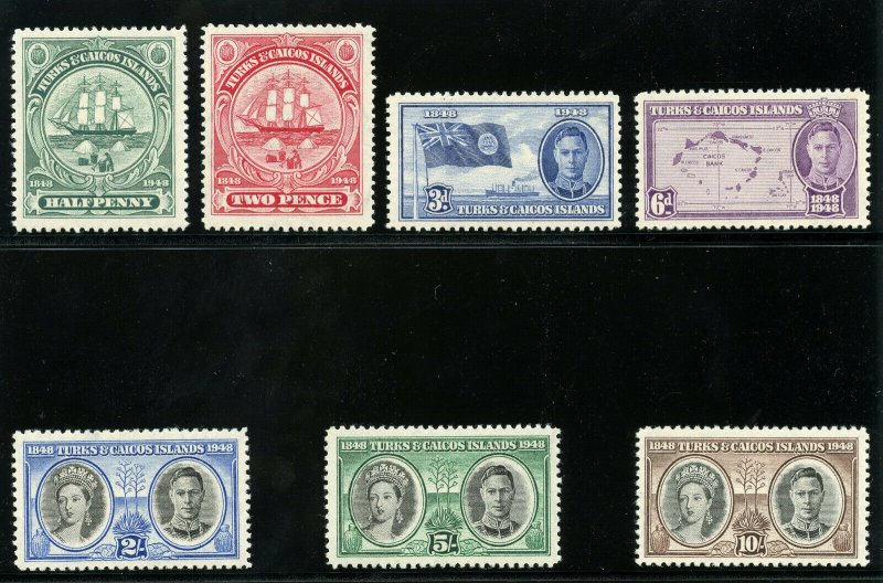 Turks & Caicos 1948 KGVI Centenary set complete MLH. SG 210-216. Sc 94-100.