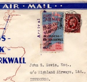 GB SCOTS ISLANDS ORKNEY Air Mail FIRST FLIGHT Highland Airways 1934 DL346