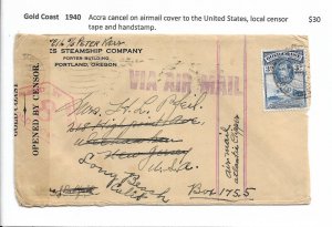 Accra, Gold Coast to New Jersey 1940 fwd Long Beach Airmail, censored (C4722)