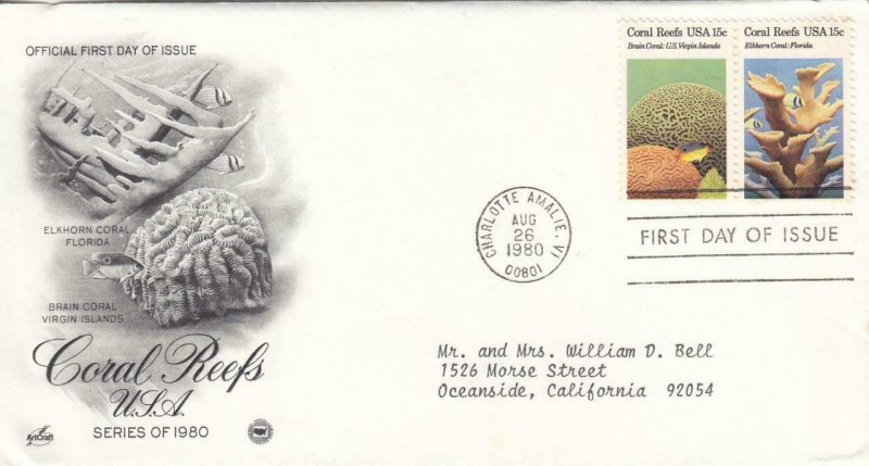 1980, Coral Reefs-Elkhorn Coral, Brain Coral, Artcraft/PCS, FDC (E8297)