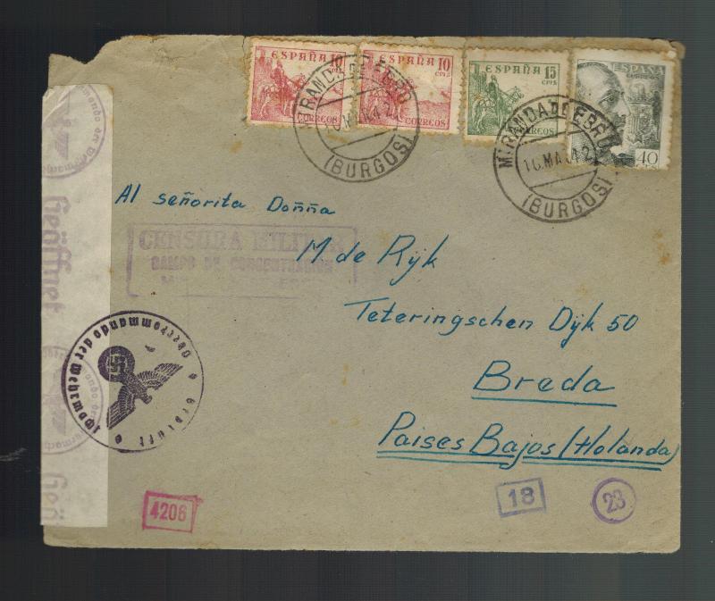 1942 Spain Miranda de Ebro Concentration camp cover to Netherlands WAH Melissen