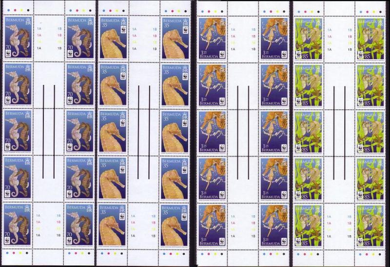 Bermuda WWF Lined Seahorse Full Gutter strips SG#1065-1068 SC#1010-1013