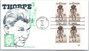 U.S. FIRST DAY COVER JIM THORPE FAMOUS AMERICAN GRIDIRON ATHLETE BLOCK (4) 1984