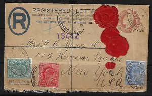 UK GB 1904 REGISTERED LEADENHALL ST BOEC FRANKED KING EDWARD ISSUES TO NY