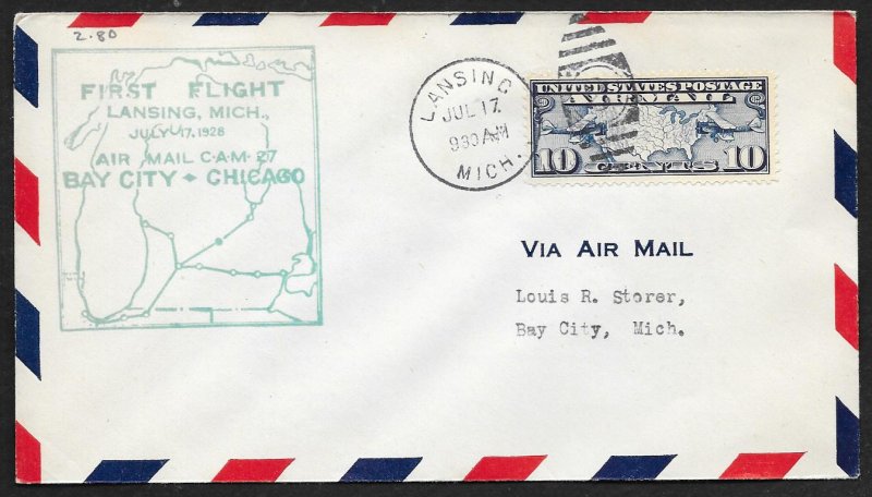 UNITED STATES #C7 on First Flight Cover 1928 Lansing to Bay City