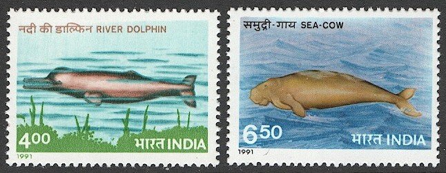 INDIA 1991  Sc 1348-49 Mint NH Marine Life, River Dolphin + Sea Cow/Manatee