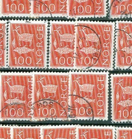 Norway. Lot. 100 Stamp. 1963. Rock Carvings,Deer 100 Ore. Bulk. Used. Off Paper.