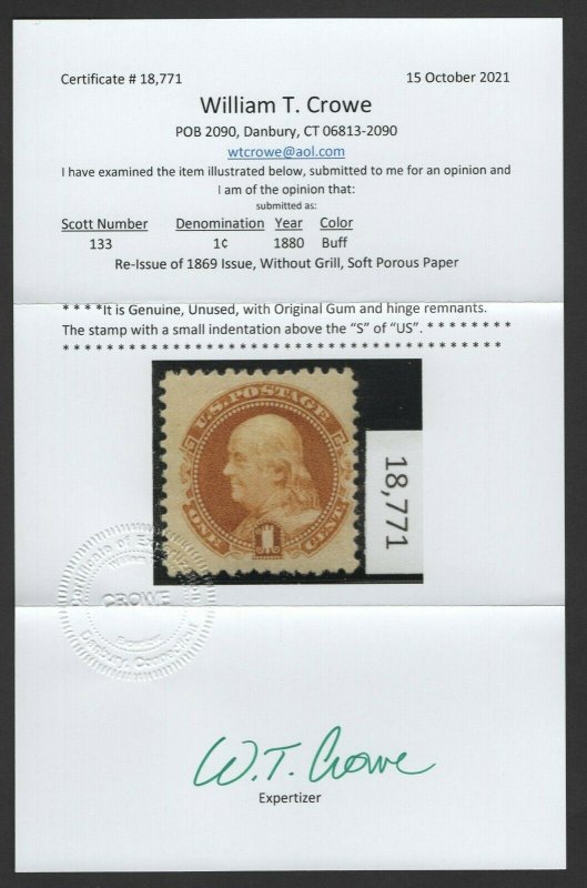 Scott #133 Mint OG Hinge Remnants w/Crowe Cert. F-VF SCV $350  (LB 10/21)