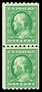 Scott 390 1910 1c Green Franklin Coil Issue Mint Line Pair F-VF OG LH Cat $35