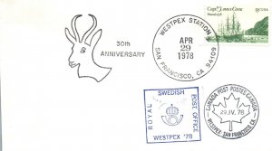 SPECIAL CANCELLATIONS (3) AT WESTPEX 1978 & SWEDISH ROYAL PO & CANADA POST COVER