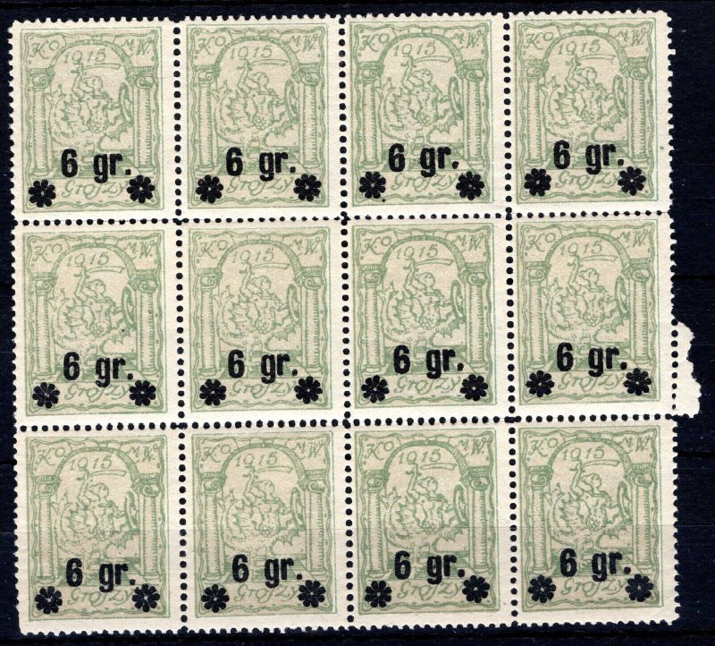 POLAND WW1 LOCAL Stamps BLOCK OF TWELVE 6gr Surcharge Warsaw KOMW Mint MM SS3398