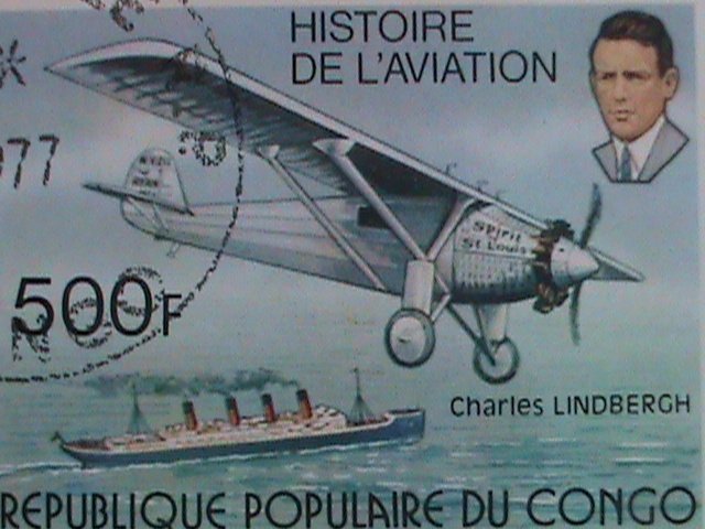 CONGO STAMP:1977 HISTORY OF AVIATION- CHARLES LINDBERGH CTO S/S SHEET