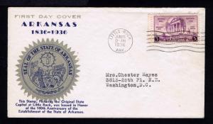 US #782 ARKANSAS 100 YR ANNIVERSARY FDC, LITTLE ROCK, ARK 1936 - VF (ESP#427)