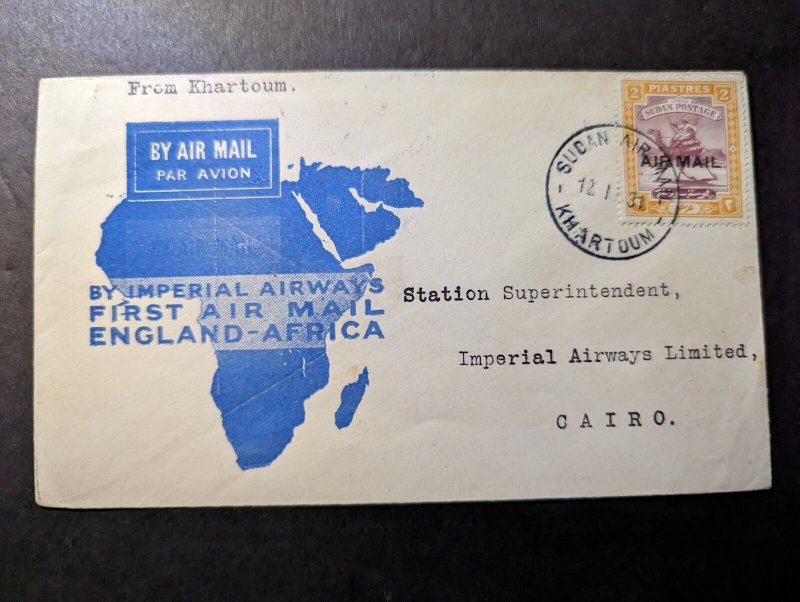 1931 Sudan Airmail First Flight Cover FFC Khartoum to Cairo Egypt