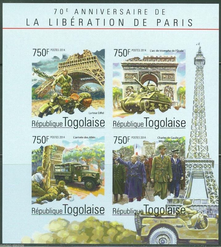 TOGO 2014 70th ANN LIBERATION OF PARIS CHARLES deGAULLE  CHURCHILL SHEET  IMP NH