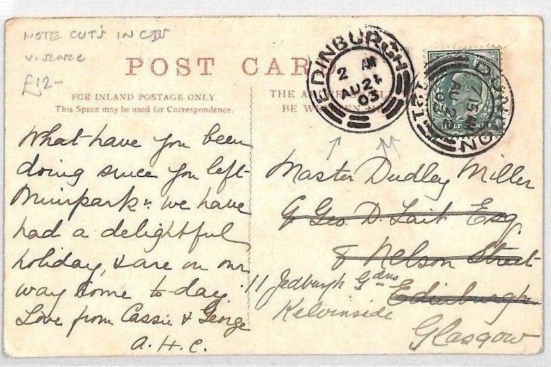 CB184 1903 GB SCOTLAND POSTMARKS Edinburgh Superb *Cuts in CDS* Postcard Dunoon